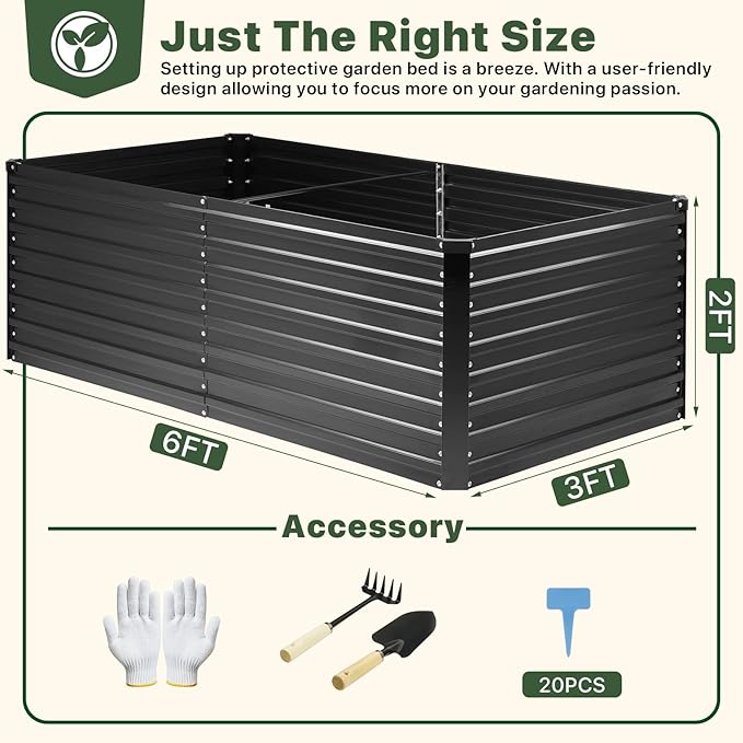 DTIG Galvanized Raised Garden Bed for Vegetables Flowers Herbs, Tall Metal Raised Garden Bed Kit with Garden Tools, Gloves, Plant Labels, Black 6×3×2FT