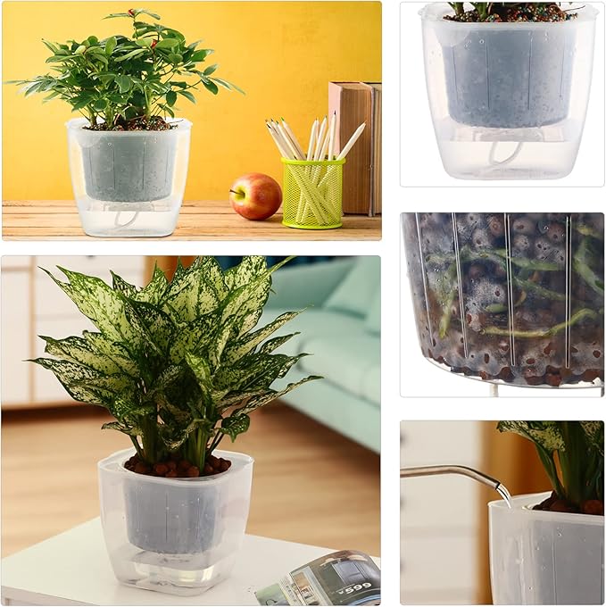 6-Pack 7 Inches Clear Self Watering Planters for Indoor Plants Large African Violet Plant Pots Plastic Wick Flower Pots with Water Injection Hole, Orchid Plant Pot Set, Clear