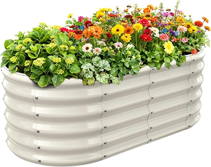 17" Tall Outdoor Garden Raised Garden Bed Kits, 4ft X 2ft Oval,0.8MM Thick Metal Raised Planter Bed/Ground Planter Box for Variety of Flowers,Herbs,Vegetables (Cream White, 48X24X16.5 Inches)