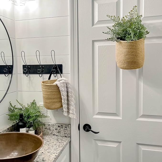 Goodpick 2pack Jute Hanging Basket - Small Woven Fern Hanging Rope Basket Flower Plants Wall Basket Decor Set Boho, 7.87 x 7 x 11.7 inches