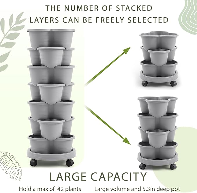 Umigy 2 Set Light Gray 7 Tier Stackable Vertical Planters with Removable Wheels and Tools Tower Planters Strawberry Herb Flower Vegetable Pots Indoor Outdoor Gardening Pots