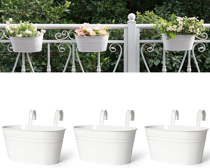 Dahey 3 Pcs 10.5 Inch Metal Iron Hanging Flower Pots for Railing Fence Hanging Bucket Pots Countryside Style Window Flower Plant Holder with Detachable Hooks Home Decor,White