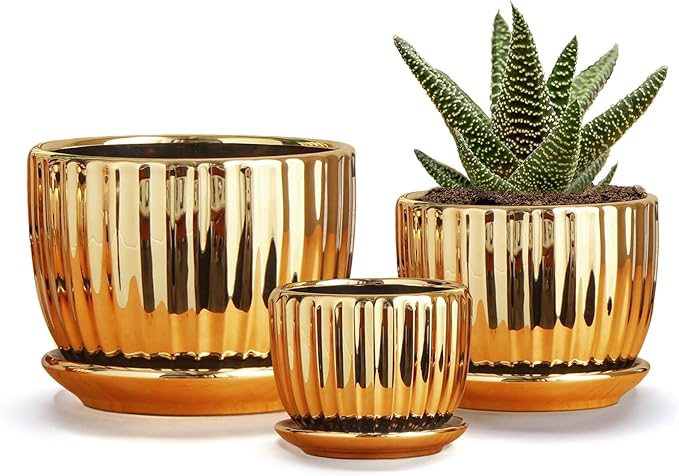 Ton Sin Gold Plant Pots,4.1+5.1+6.5 Inch Ceramic Succulent Planters Set of 3 Mini Indoor Flower Pot with Drainage,Handmade Decorative Ceramic Orchid and Herb Pots(Gold)