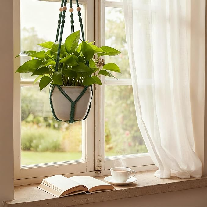 Macrame Plant Hanger,Up to 4-15 inch Pots, Wood Beads Cotton Hanging Planter Holder for Indoor Outdoor Boho Home Decor, 35 Inch, Ivory, Set of 2 (Green)