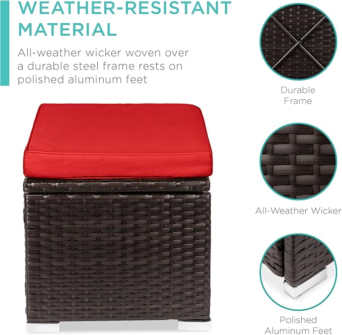 Best Choice Products Set of 2 Wicker Ottomans, Multipurpose Outdoor Furniture for Patio, Backyard, Additional Seating, Footrest, Side Table w/Storage, Removable Cushions - Red/Brown