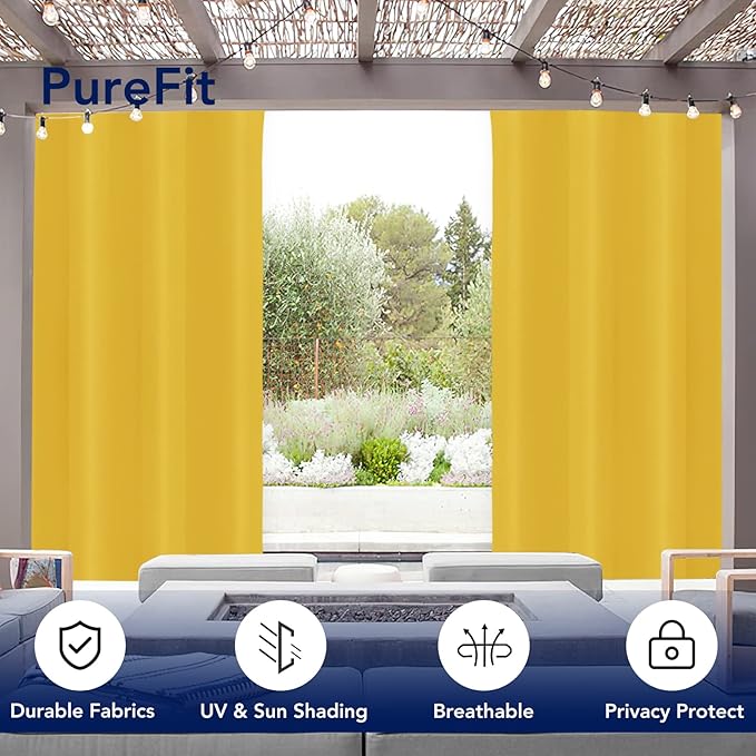 PureFit Outdoor Curtains for Patio Waterproof Weatherproof, UV Resistant Outside Curtains for Gazebo, Front Porch, Pergola, Sun Blocking Privacy Curtain, 52W x 108L inch, 1 Panel, Yellow