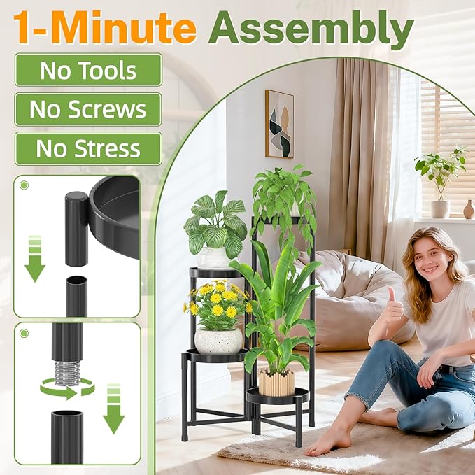 iDavosic.ly Plant Stand Indoor Outdoor, 4 Tier Corner Metal Flower Display Holder Shelf, Easy Assembly Folding Tall Orchid Rack for Patio Balcony Porch Garden Living Room House, Black