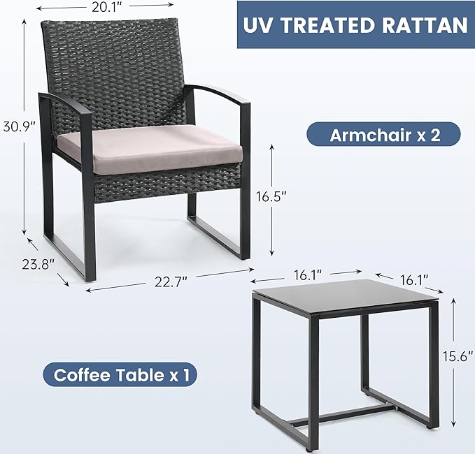 3 Piece Wicker Patio Bistro Set, Rattan Conversation Set with Coffee Table, for Balcony, Porch, Garden, Yard, Poolside, Black Frame with Grey Cushion