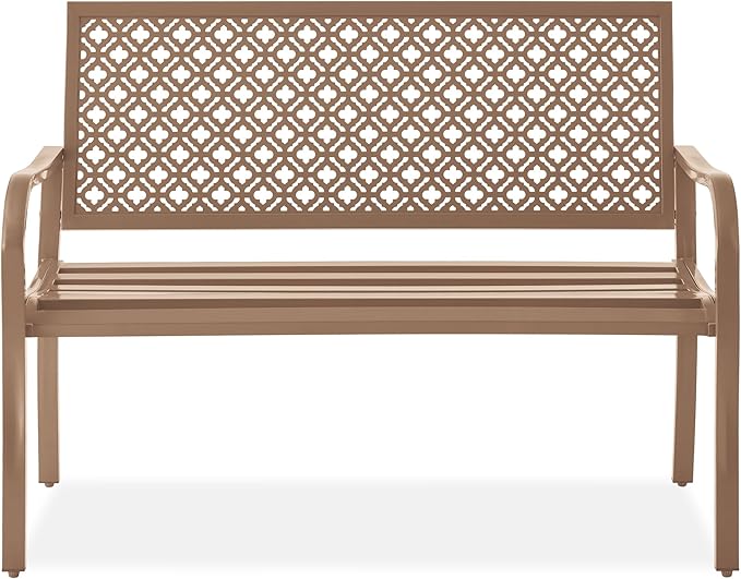 Best Choice Products Outdoor Bench 2-Person Metal Steel Benches Furniture for Garden, Patio, Porch, Entryway w/Geometric Backrest, 790lb Capacity - Taupe
