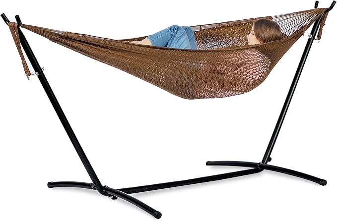 PNAEUT Double Hammocks with Stand for Outside, Portable Space Saving Heavy-Duty Steel Stand for Indoor Outdoor Patio (Mayan Desert)