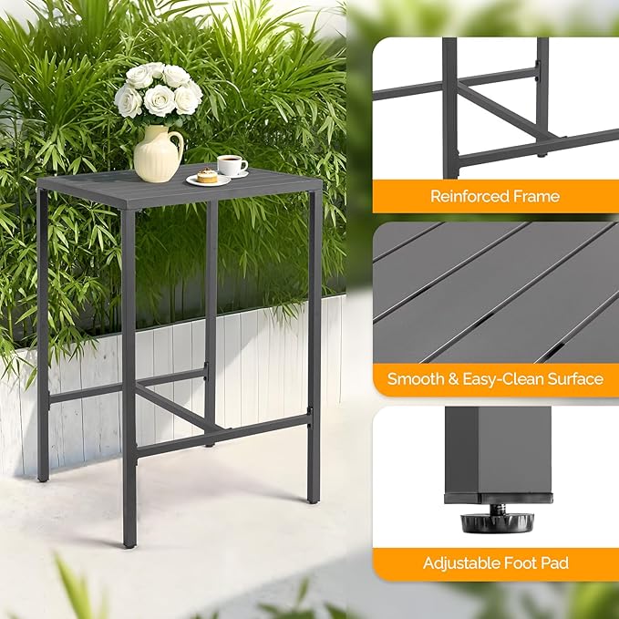 VINGLI 3-Piece Outdoor Bar Set, Aluminum Bar Height Table & 2 Chairs with Cushions, Outdoor Bistro Set for Patio, Backyard, Poolside, Garden(Gray)