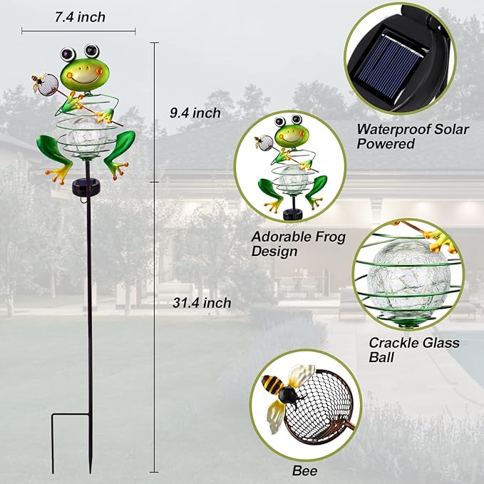 Frog Solar Garden Light - Metal Stake Light with Crackle Glass Waterproof Globe, Solar Power LED for Garden, Lawn, Patio, Pathway Decor