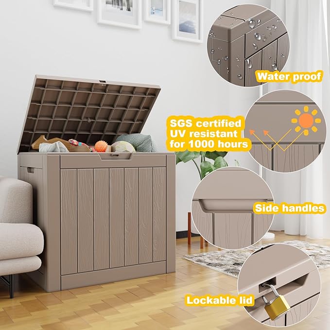 30 Gallon Outdoor Deck Box, Lockable Waterproof Outdoor Storage Boxes For Garden Tools,Indoor Cushions,Accessories Outside Storage Resin Weatherproof Container(Grey)