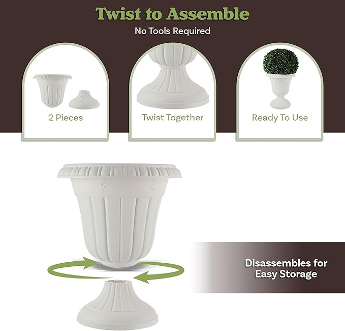Outdoor Planter 2-Pack - 16x18-Inch Urn Planters - Plastic Plant Pots for Indoor, Outdoor, or Front Porch Decor - Flower Pots by Pure Garden (White)