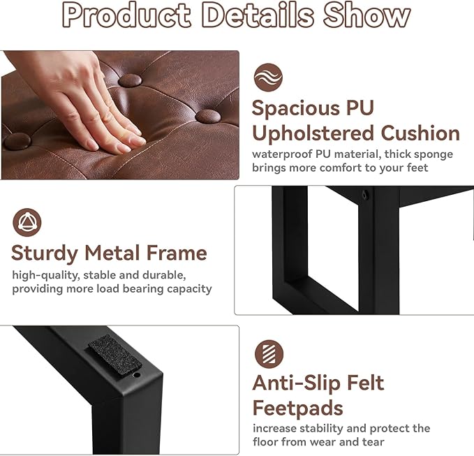 IBUYKE 16 Inch Small Foot Stool Ottoman, Rectangle PU Faux Leather Foot Rest with Padded Seat and Metal Legs, Modern Ottoman Foot Rest for Living Room Bedroom Entryway Couch, Dark Brown WBD026Z