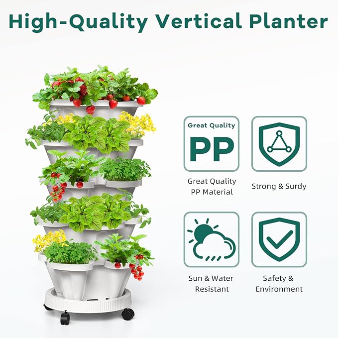 6 Tiered Strawberry Planters, Vertical Garden Tower, Stacking Planter with Support Pole, Stackable Herb Vegetable Planters Indoor and Outdoor - Black
