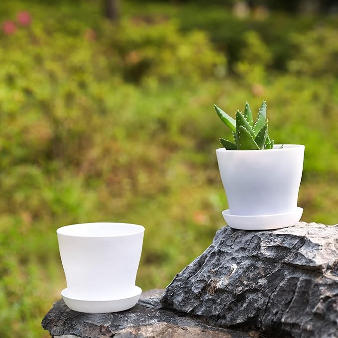 TDHDIKE 10 Pcs Plastic Planters Indoor Flower Plant Pots, Mini Flower Seedlings Nursery Pot/Planter/Flower Pot with Pallet, Modern Decorative Gardening Containers (White)