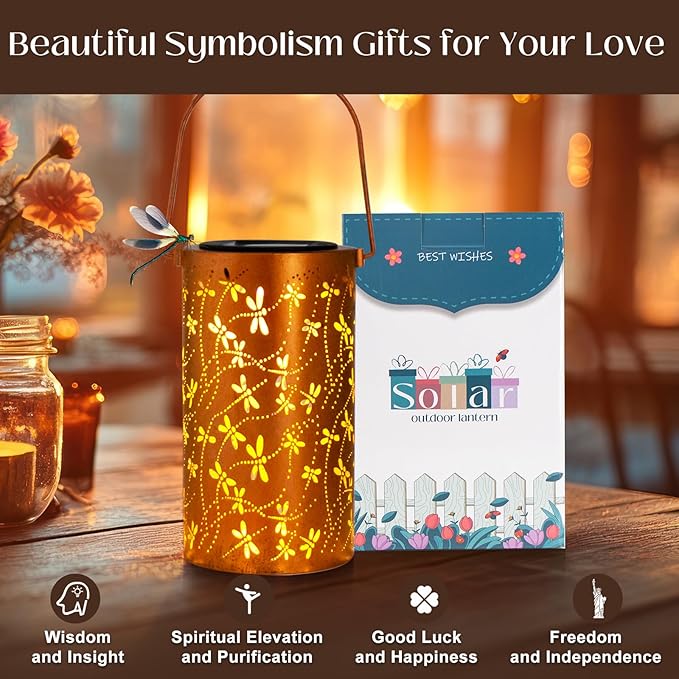 Birthday Gifts for Women Mom Grandma Ladies Solar Lanterns Outdoor Hanging Dragonfly Hollowed-Out Metal Waterproof LED Garden Decor Outside for Patio Yard Porch