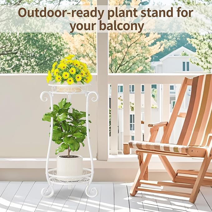 LASZOLA 2 Tier White Metal Plant Stand for Multiple Large Planters Indoor Outdoor Organizer, Heavy Duty Tall Flower Stand for Corner Patio Bathroom Office, Modern Sturdy Vertical Iron Rack, Cat Proof