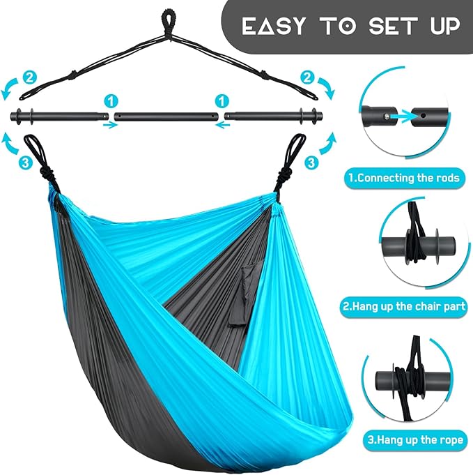 Hammock Chair, Hanging Chair for Outdoor Indoor, Large Lightweight Swing Chair for Adults, Portable Hammock Chair for Camping (Sky Blue,Dark Gray)