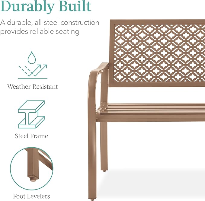 Best Choice Products Outdoor Bench 2-Person Metal Steel Benches Furniture for Garden, Patio, Porch, Entryway w/Geometric Backrest, 790lb Capacity - Taupe