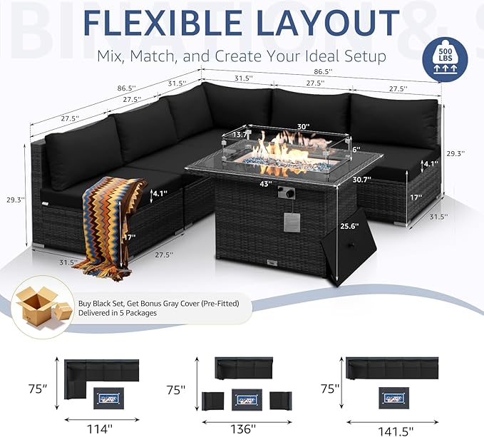 NICESOUL 6 Piece Modern L-Shaped Outdoor Sectional with Firepit Natural Gas/Propane, 29.3'' High Back Wicker Patio Furniture Set, Oversized Conversation for Exterior, 2 Color Cushion Black & Gray