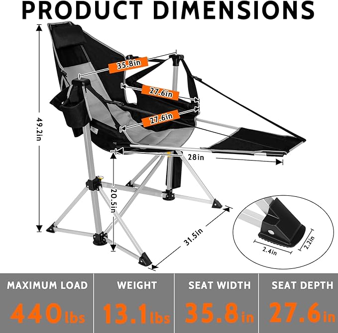 Romswi 2-Pack Aluminum Hammock Chair with Footrest, Oversized Portable Folding Swinging Chair with Adjustable Back & Seat, Lightweight Rocking Camp Chair Supports 440lbs for Outdoor, Patio - Black