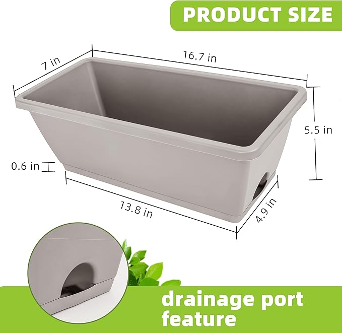 Window Box Planter, 7 Pack Plastic Vegetable Flower Planters Boxes 17 Inches Rectangular Flower Pots with Saucers for Indoor Outdoor Garden, Patio, Home Decor