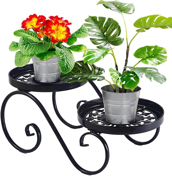 2 Tier Black Plant Stand, Metal Flower Stand Indoor Outdoor, Anti-Rust Iron Plant Shelf, Round Flower Pot Stands for Multiple Plants, Display Rack Potted Plant Holders for Garden Home Decor