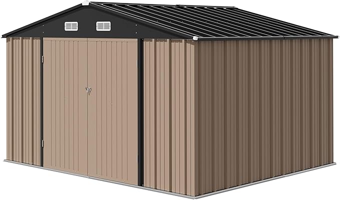 Devoko 10 x 8 FT Outdoor Storage Shed, Metal Garden Sheds & Outdoor Storage Clearance, Large Tool Shed Outdoor with Single Lockable Door for Patio Lawn Backyard (Brown)