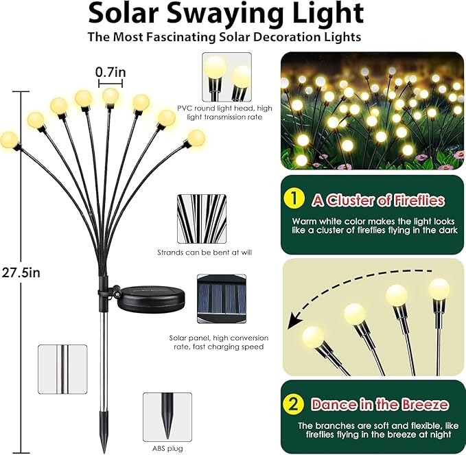 8-Pack Garden Solar Lights, 64 LED Solar Light Outdoor for Garden Decor, Waterproof Firefly Light Outdoor (Sway by Wind), Swaying Light for Outside Yard Pathway Landscape Decorations (Warm White)