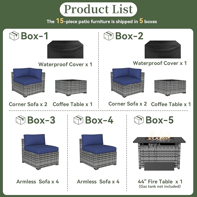 Aoxun 15 Piece Patio Furniture Set with 44” Fire Pit Table Wicker Rattan Outdoor Sectional Sofa Set with Coffee Table and Thickened Cushions, Grey/Blue (Waterproof Cover Included)