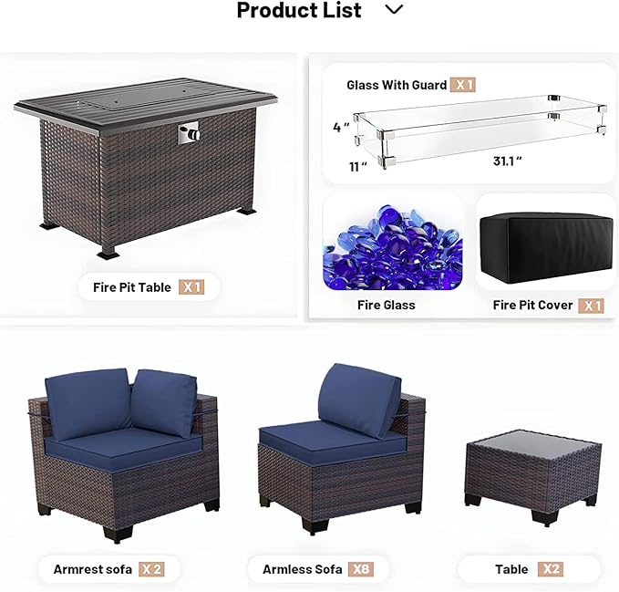 Kullavik 15 Pieces Outdoor Patio Furniture Set with 43" 55000BTU Gas Propane Fire Pit Table PE Wicker Rattan Sectional Sofa Patio Conversation Sets,Navy Blue