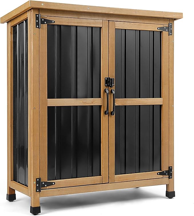 PetsCosset Weatherproof Outdoor Storage Cabinet with Lockable Doors, Wood & Metal Garden Storage Shed Patio Storage Box for Tools & Lawn Equipment, Pool Accessories