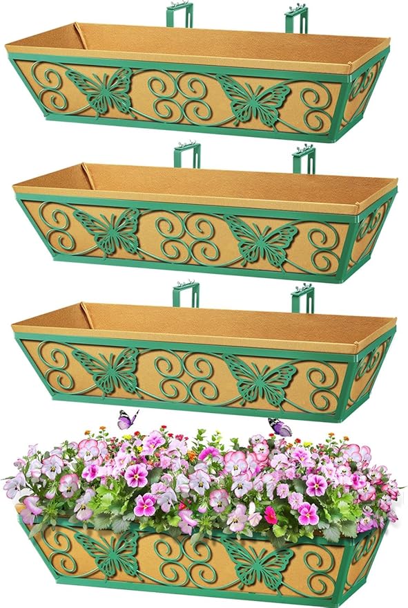 4 Pack 24 Inch Window Boxes Planters Railing Planter Box with Adjustable Brackets for Porch Fence Patio Balcony Hanging Flower Baskets with Woven Fabric for Outdoor Garden Decor - Green