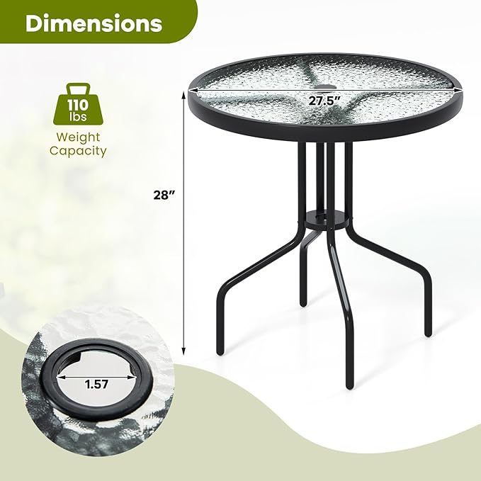 Tangkula 27.5 Inch Round Outdoor Dining Table with Tempered Glass Top, Outside Bistro Table with Umbrella Hole & Metal Frame, Patio Dining Table for Backyard, Lawn, Deck & Poolside