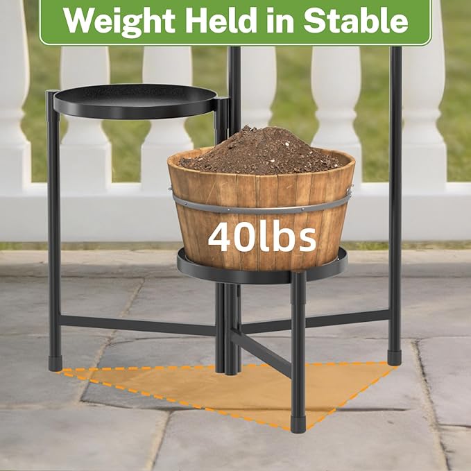 iDavosic.ly 3 Tier Large Plant Stand Indoor with 10 Inch Wide Tray, Tiered Corner Metal Outdoor Flower Display Holder Shelf, Folding Tall Rack for Patio Porch Living Room, Modern Black