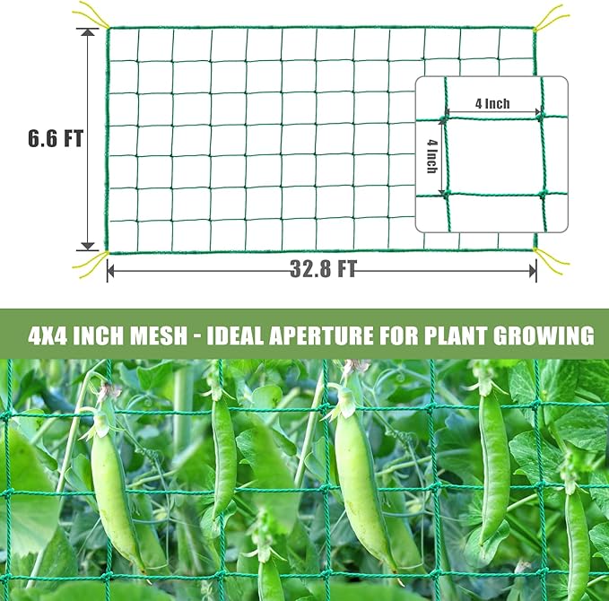 Garden Trellis Netting - Heavy Duty Trellis Net for Climbing Plants, Plant Netting for Cucumber, Tomato, 27 Strands Nylon & 4x4 Inch Mesh, Grow Netting for Fruits, Vegetables, Grape, Bean(6.6x32.8 FT)
