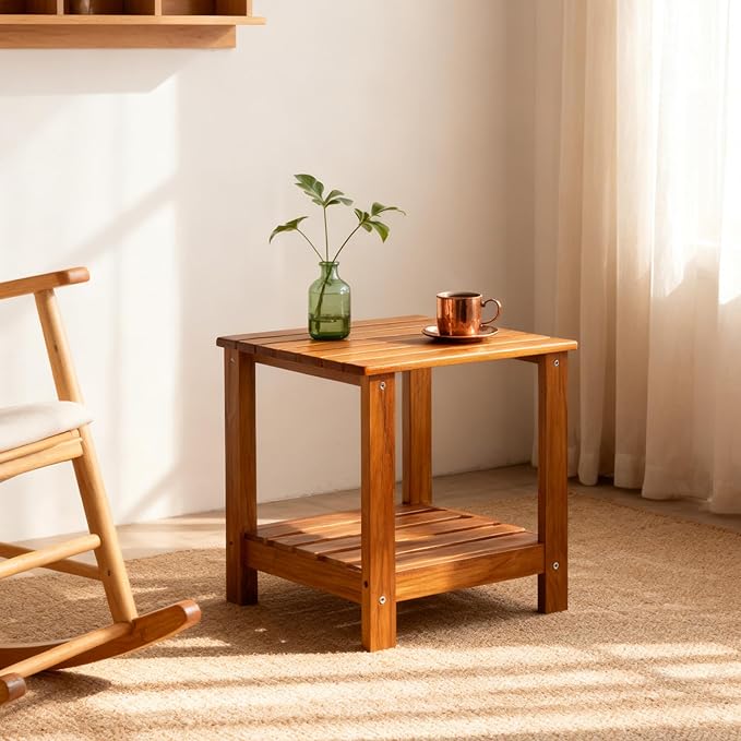 Utoplike Teak Side Table Outdoor, Patio End Table Double Layer, Wooden Coffee Accent Tables for Backyard, Garden, Bed, Living Room, Couch, Two-Tier