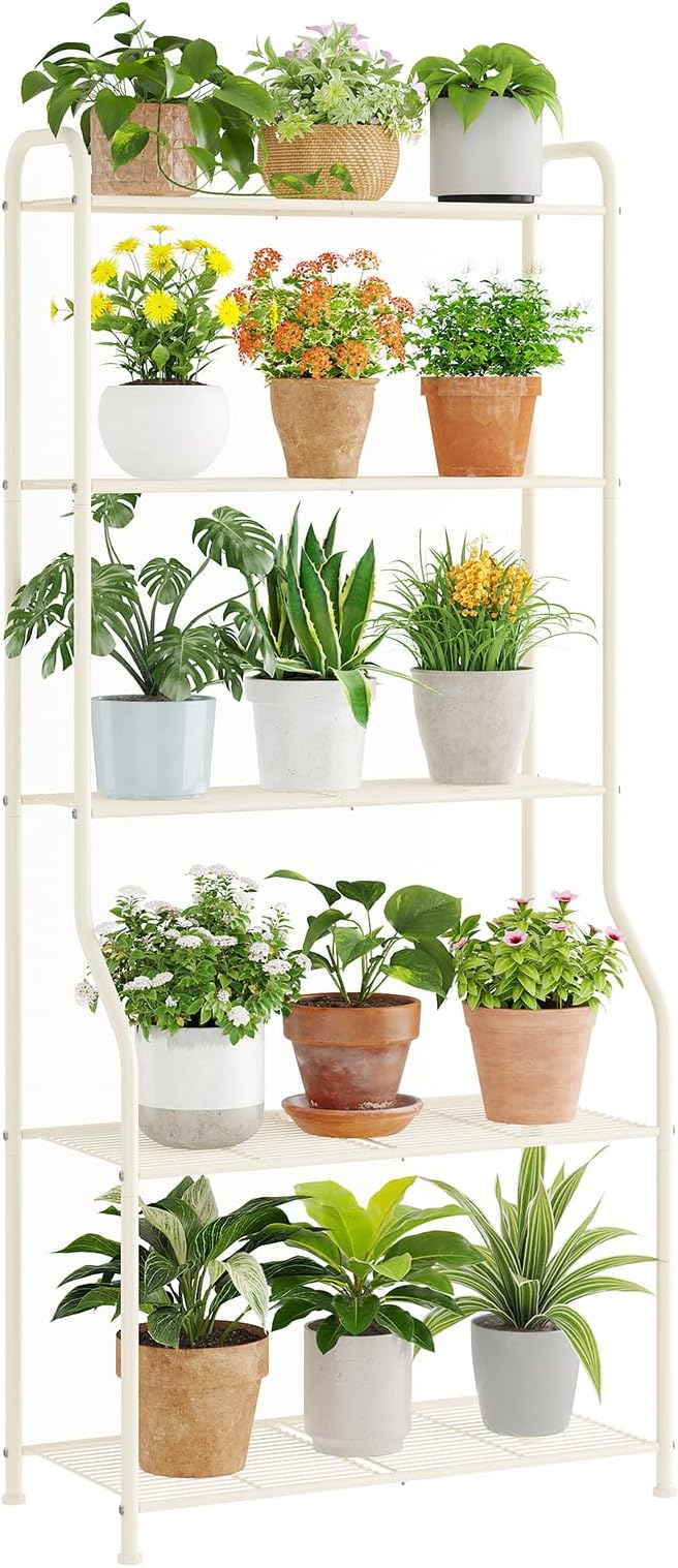 5-Tier Corner Plant Stand, Metal Black Flower Pot Rack, Indoor Outdoor Heavy Duty Shelf (Cream, 5 Tier)