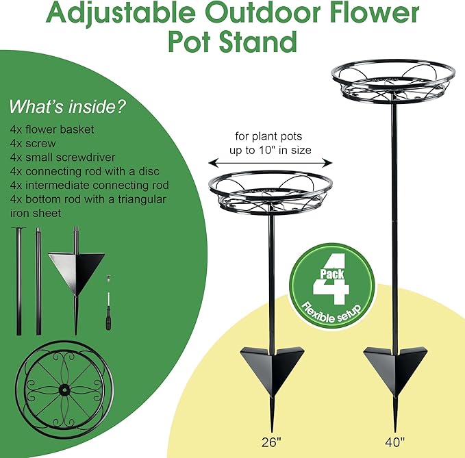 Tellingyou 4 Pack Adjustable Outdoor Flower Pot Stand, Metal Outdoor Plant Stands, Spring Summer Versatile Plant Stand Garden Stake for Display Plants, Elegant Solution for Landscaping Decor (Black)