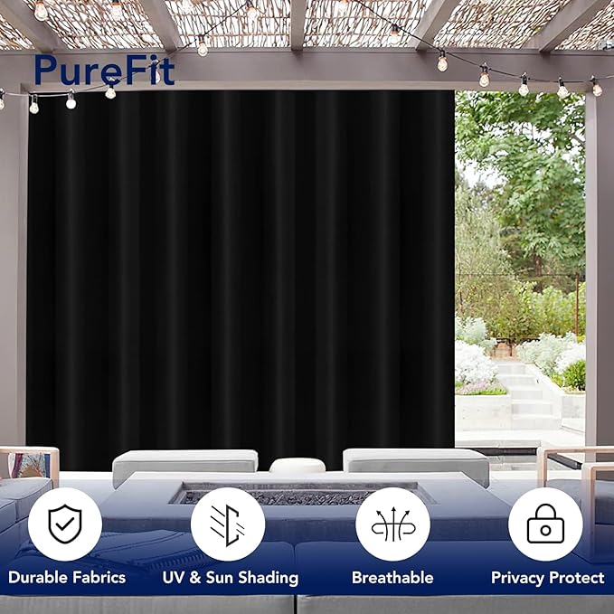 PureFit Outdoor Curtains for Patio Waterproof Weatherproof, UV Resistant Outside Curtains for Gazebo, Front Porch, Pergola, Sun Blocking Privacy Curtain, 120W x 108L inch, 1 Panel, Black