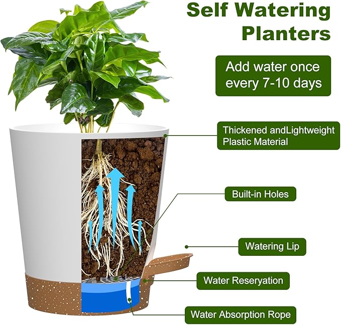 Self Watering Pots, 4 inch Flower Pots with Multi Mesh Drainage Holes, Small Platic Planters for Indoor Outdoor Garden Plants and Flowers (Whtie with Brown Tray, 4")