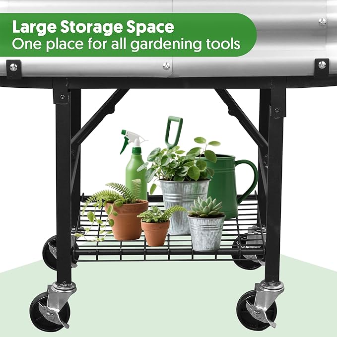 Raised Garden Bed with Legs and Heavy Duty Wheels, Self-Watering Planter Box, Easy-Install Foldable Stand, Galvanized Metal Elevated Wicking Bed with Liner for Indoor Outdoor Gardening