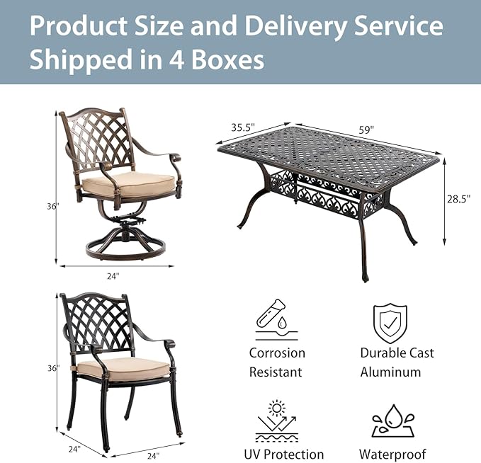 7-Piece Cast Aluminum Patio Furniture, Patio Dining Set for 6 Include 59" Rectangular Outdoor Dining Table, 4 Stackable Chairs & 2 Swivel Chairs with Cushions & Umbrella Hole(Bronze)