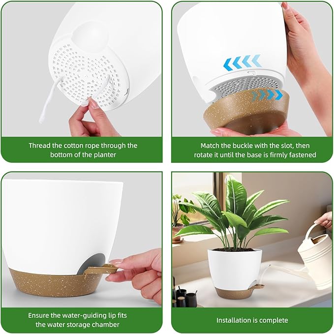 Plant Pots 8/7.5/7/6.5/6 Inch Self Watering Pots,5 Pack Planters with Drainage Holes and Saucers,Plastic Flower Pots,Nursery Planters for Indoor Outdoor Plants (White)