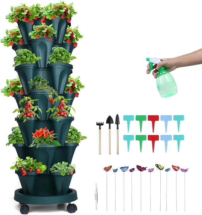 GameXcel Vertical Planter, 7 Tier Stackable Strawberry Planter with Garden Tool Set, Movable Indoor/Outdoor Garden Herb Pot for Growing Vegetables and Succulents, Green