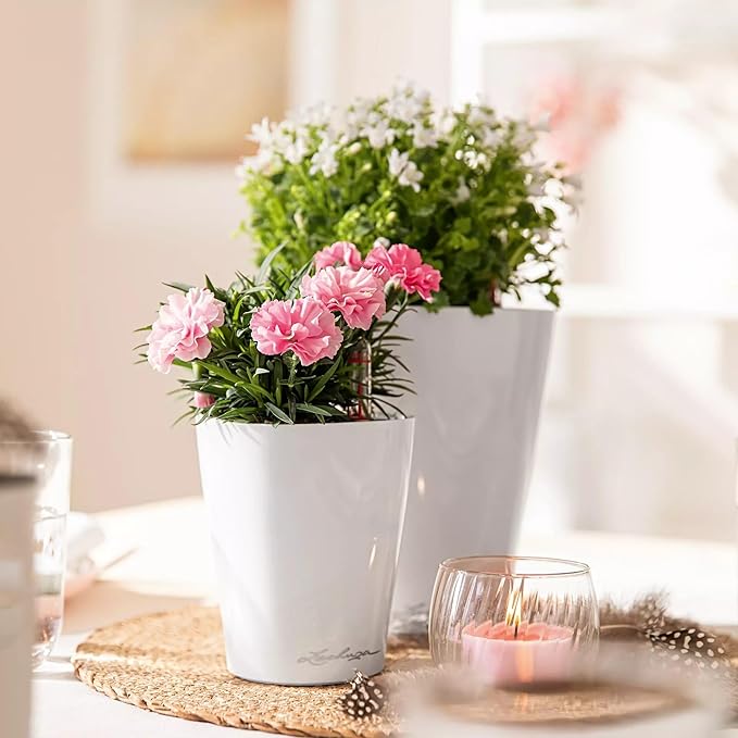Lechuza MINI-DELTINI Cream White High Gloss, Self-Watering Small Indoor Planter, H5.1 L3.9 W3.9, 0.4L in