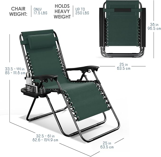 Nestl Zero Gravity Chairs Set of 4, Patio Lounge Chair Outdoor with Pillows & Cup Holder Trays, Adjustable Steel Mesh Reclining Camping Chair, Folding Patio Lawn Chair for Deck, Beach - Forest Green