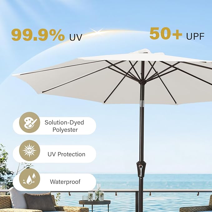 MEWAY 9ft Patio Umbrella Outdoor Table Umbrellas with Push Button Tilt and Crank, Market Umbrella 8 Sturdy Ribs for Deck, Garden, Pool and Backyard, Off-white